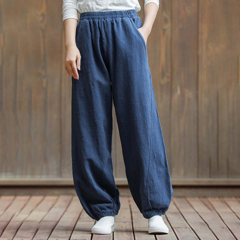 Casual Solid Plain Color Carrot Elastic Waistband Cotton Ramie Women's Pants With Pockets