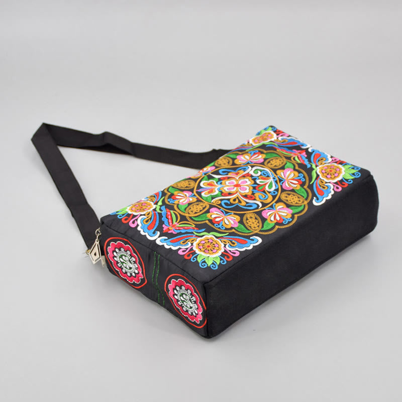 Galsang Inula Flower Peony Peacock Double-Sided Embroidery Canvas Shopping Purse Handbag Crossbody Bag