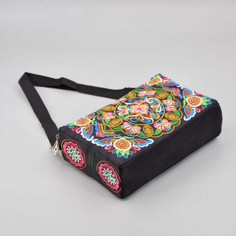 Galsang Inula Flower Peony Peacock Double-Sided Embroidery Canvas Shopping Purse Handbag Crossbody Bag