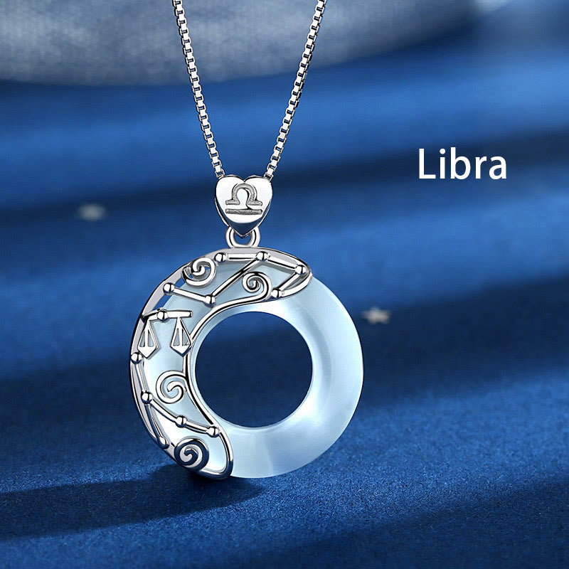 925 Sterling Silver 12 Constellations of the Zodiac Cat's Eye Love Support Necklace Pendant