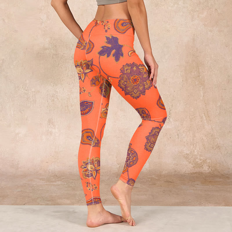 Orange Maple Leaves Flowers Print Gym Leggings Women's Yoga Pants
