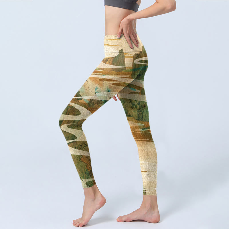 Green Mountains Clouds Mist Print Fitness Leggings Women's Yoga Pants