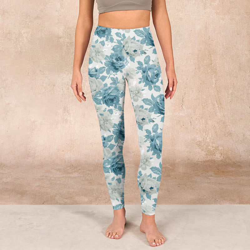 Green White Flower Gym Leggings Women's Yoga Pants