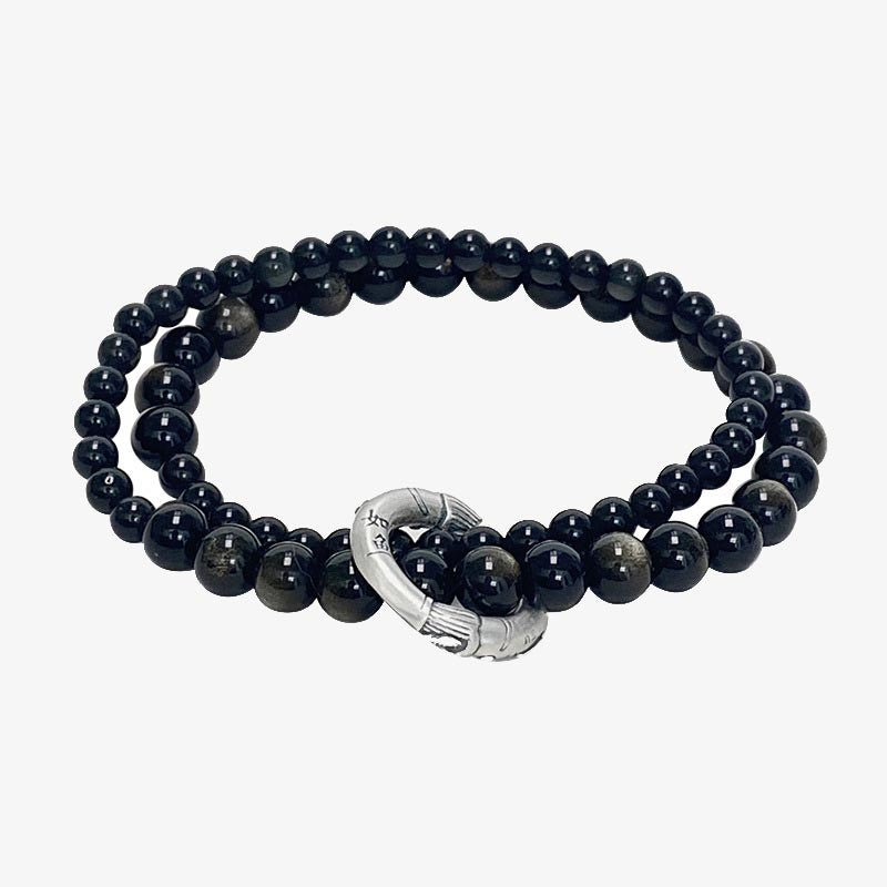 999 Sterling Silver Black Obsidian Fulfillment Strength Double Layer Bracelet