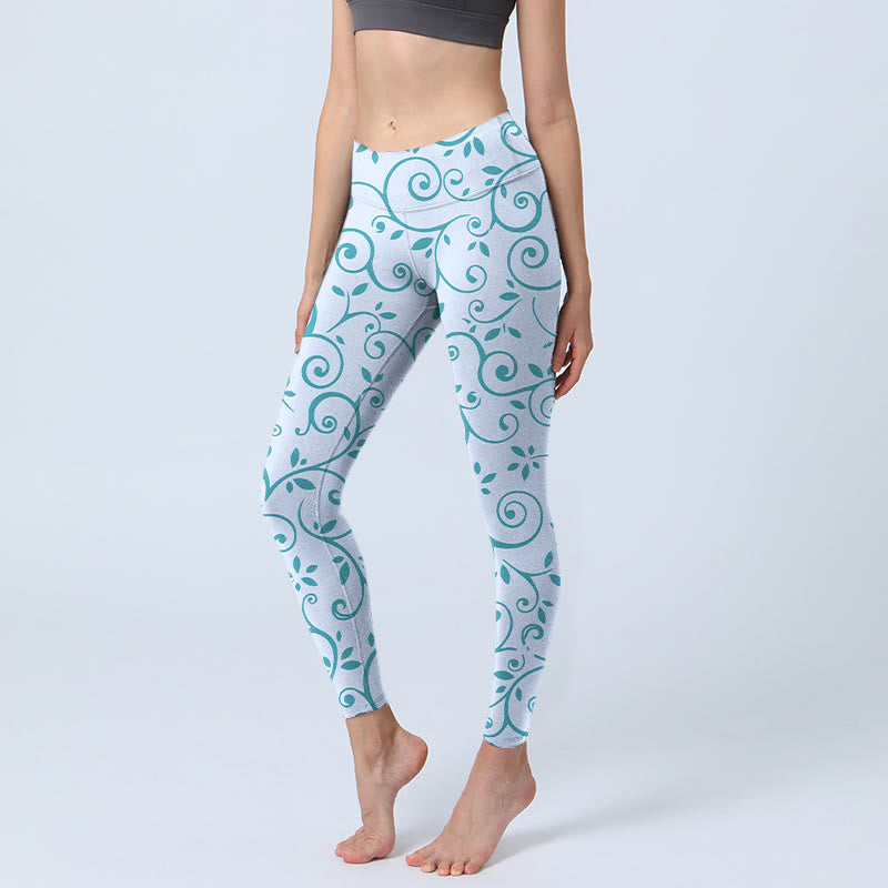Blue Vine Leaves Print Gym Leggings Women's Yoga Pants