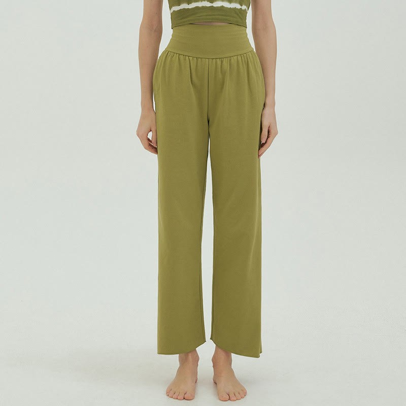 Casual Loose Tie-down Hem Plain High Waist Women's Leica Pants With Pockets