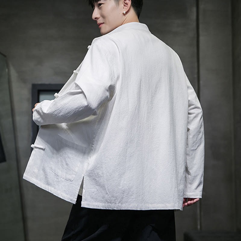 Solid Color Frog-button Tang Suit Cotton Linen Men's Jacket Shirt With Pockets