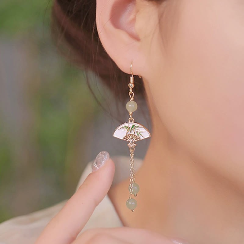 14K Gold Filled Copper Jade Fan Bamboo Abundance Earrings