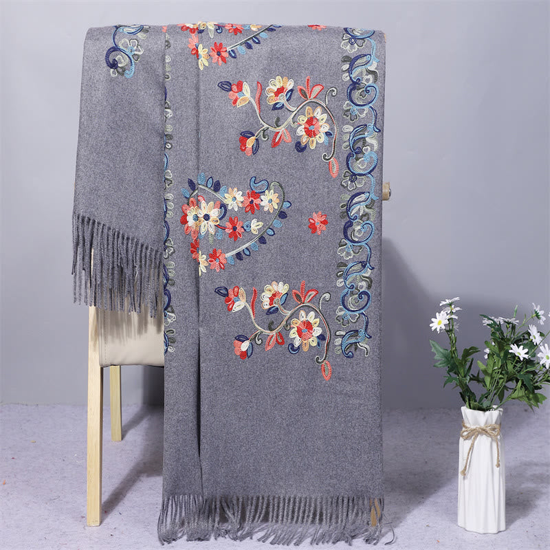 Polyester Shawl Colorful Flower Ethnic Style Embroidery Tassel Winter Cozy Travel Scarf Wrap