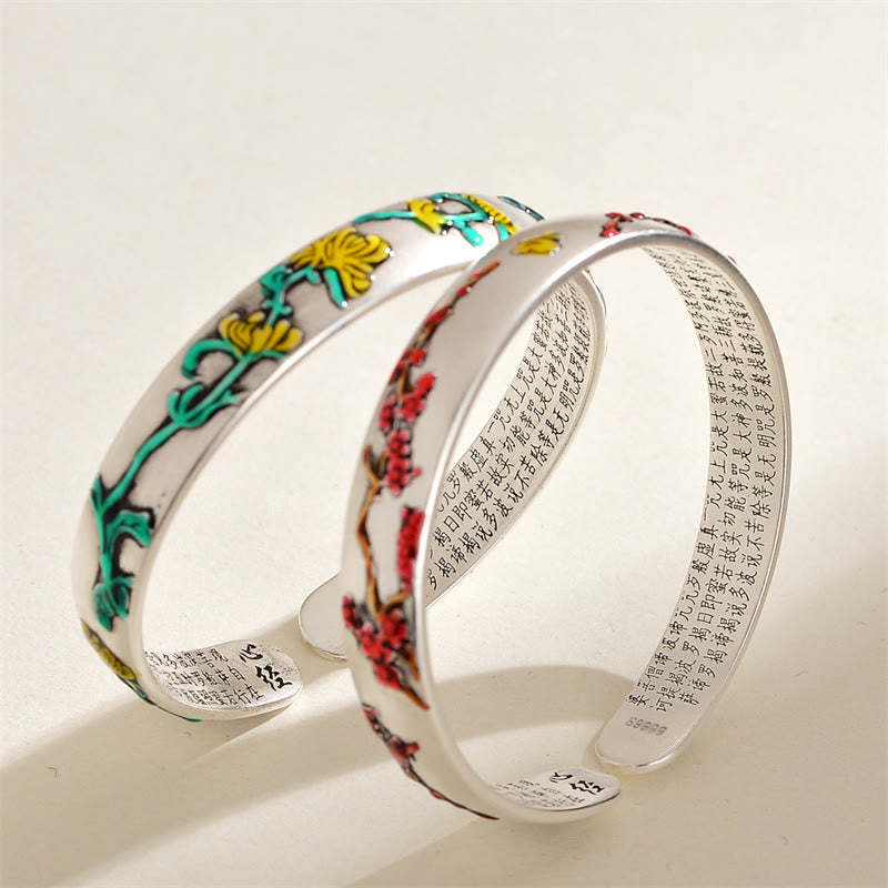 Plum Blossom Chrysanthemum Flower Design Heart Sutra Healing Bracelet Cuff Bangle