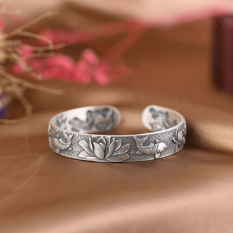 999 Sterling Silver Luck Koi Fish Lotus Wealth Bracelet Bangle