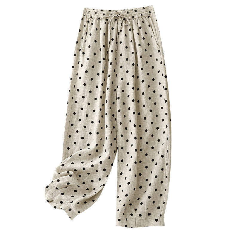 Casual Black Polka Dots Drawstring Cotton Linen Women's Pants With Pockets