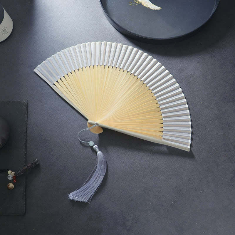 Flower Plain Handheld Polyester Tassel Bamboo Folding Fan 21cm