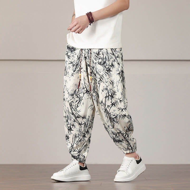 Bamboo Leaf Pattern Drawstring Men's Harem Pants With Pockets