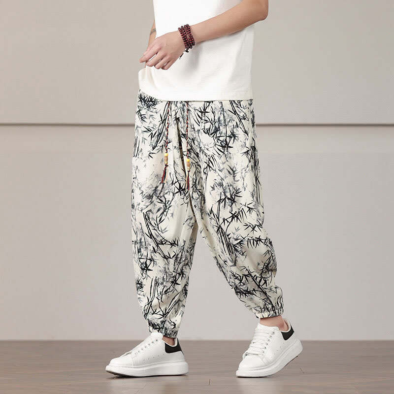 Bamboo Leaf Pattern Drawstring Men's Harem Pants With Pockets