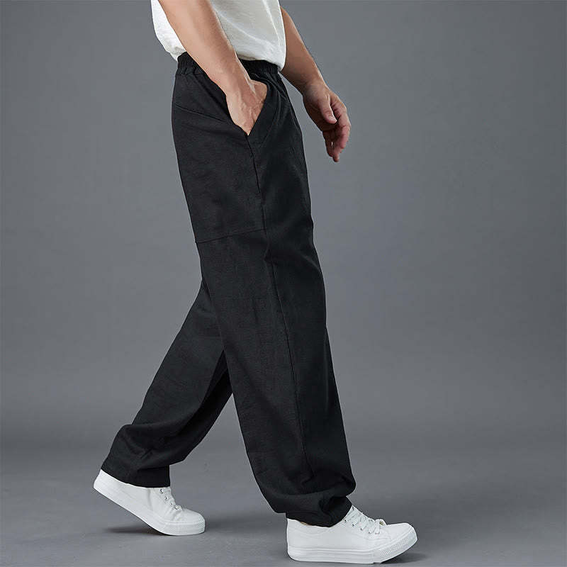 Plain Color Elastic Waist Ramie Linen Men's Pants With Pockets