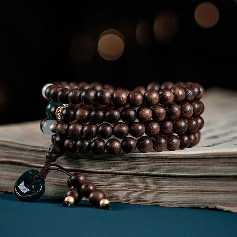 108 Mala Beads Kalimantan Agarwood Laughing mystic zen Peace Buckle Red Agate Jade Strength Bracelet