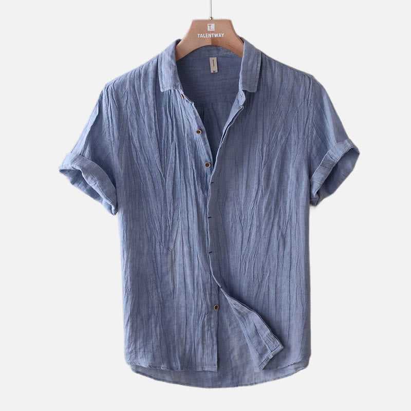 Men's Shirt Solid Color Lapel Top Short Sleeve Comfy Button Crease Linen Shirt