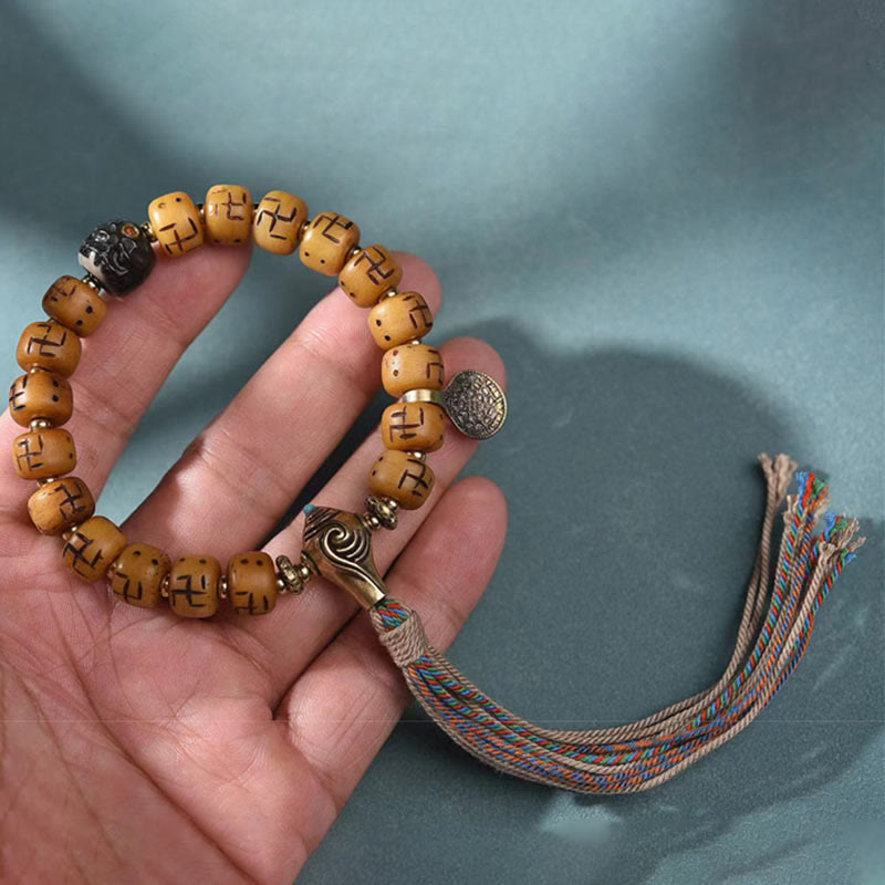 Natural Tibetan Camel Bone Swastika Dzi Bead Shankha mystic zen Charm Kirtimukha Luck Protection Tassel Bracelet