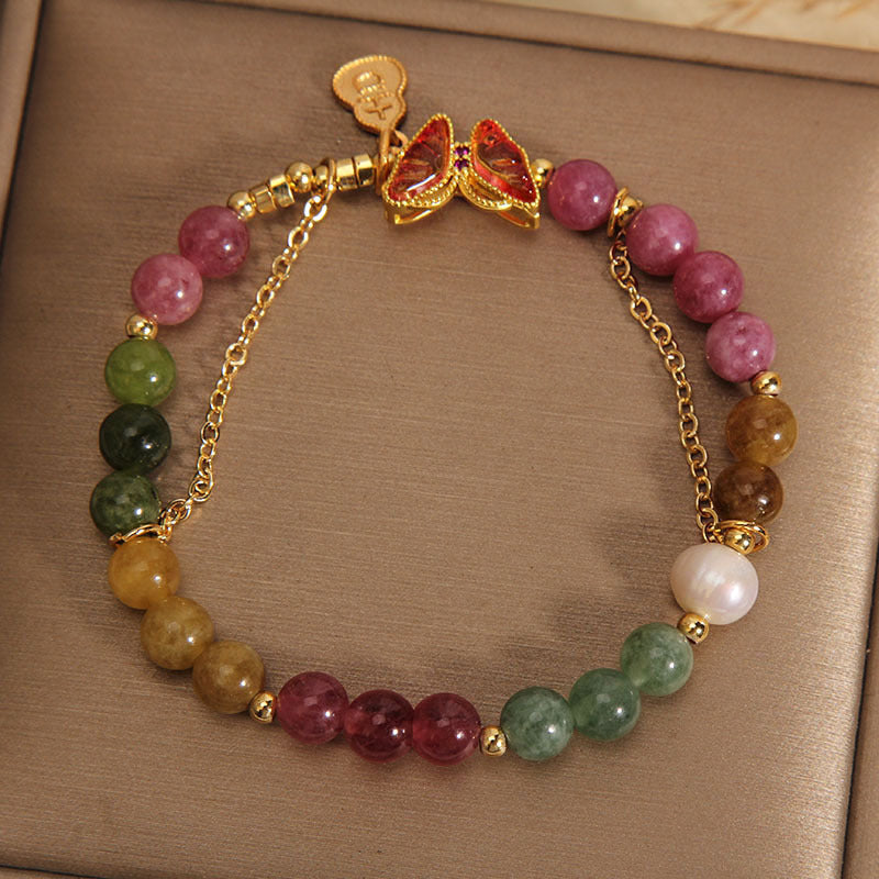 Natural Colorful Tourmaline Butterfly Auspicious Character Gourd Charm Positive Bracelet