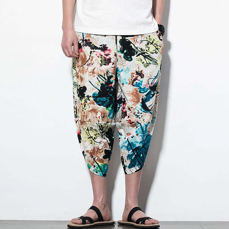 Flowers Leaves Brown Blue Painting Print Cotton Men's Long Cropped Harem Pants With Pockets