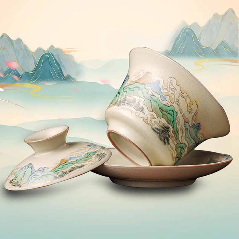 A Panorama of Rivers and Mountains Flowers Ceramic Gaiwan Sancai Teacup Kung Fu Tea Cup And Saucer With Lid