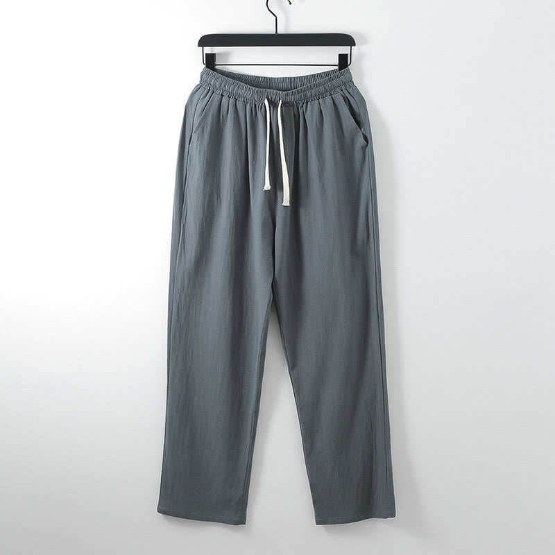 Solid Color Cotton Linen Casual Loose Men's Pants With Pockets