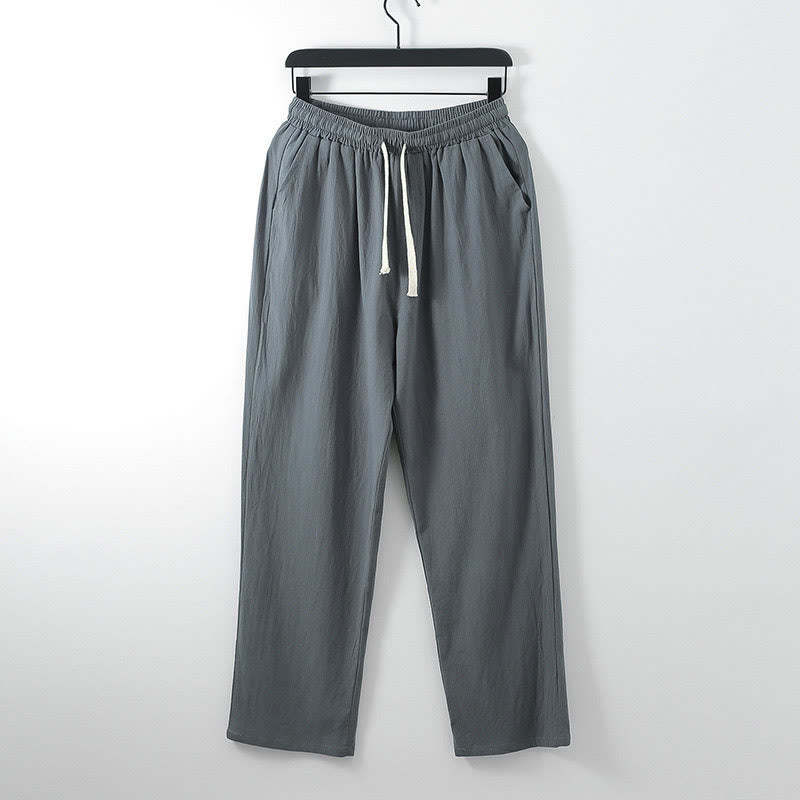 Solid Color Cotton Linen Casual Loose Men's Pants With Pockets