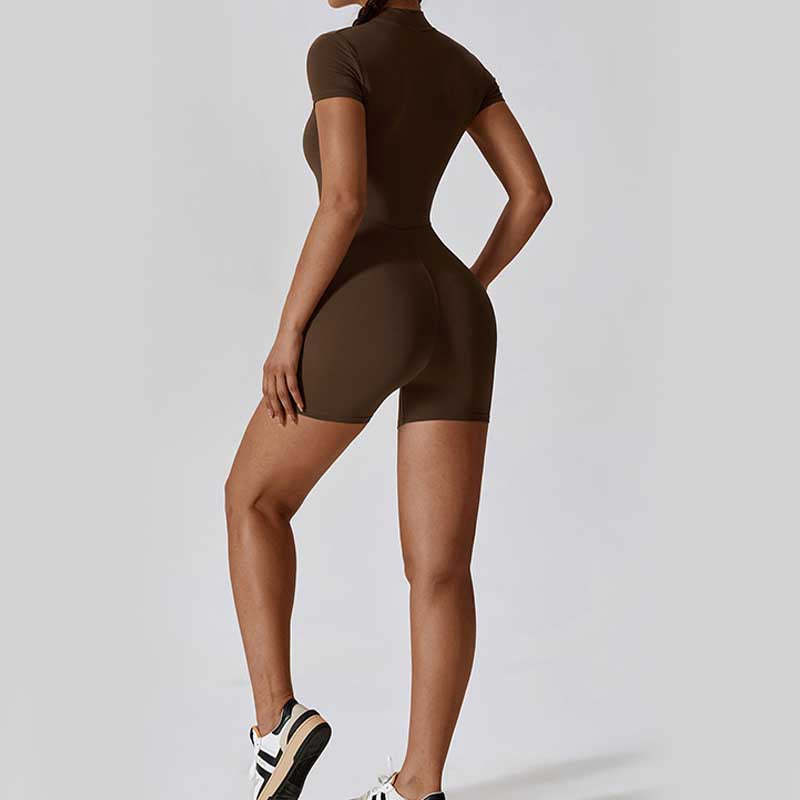 High Stretch Zipper Short Sleeve Jumpsuit Sports Fitness Yoga Women Bodysuit