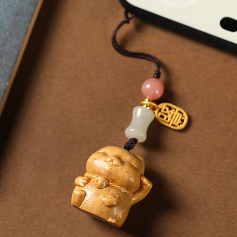 Small Leaf Red Sandalwood Green Sandalwood Sandalwood Lucky Cat Protection Key Chain Phone Hanging Decoration