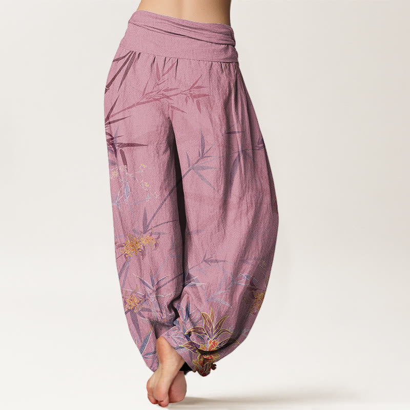 Blooming Flowers Bamboo?Pattern Women's Elastic Waist Harem Pants