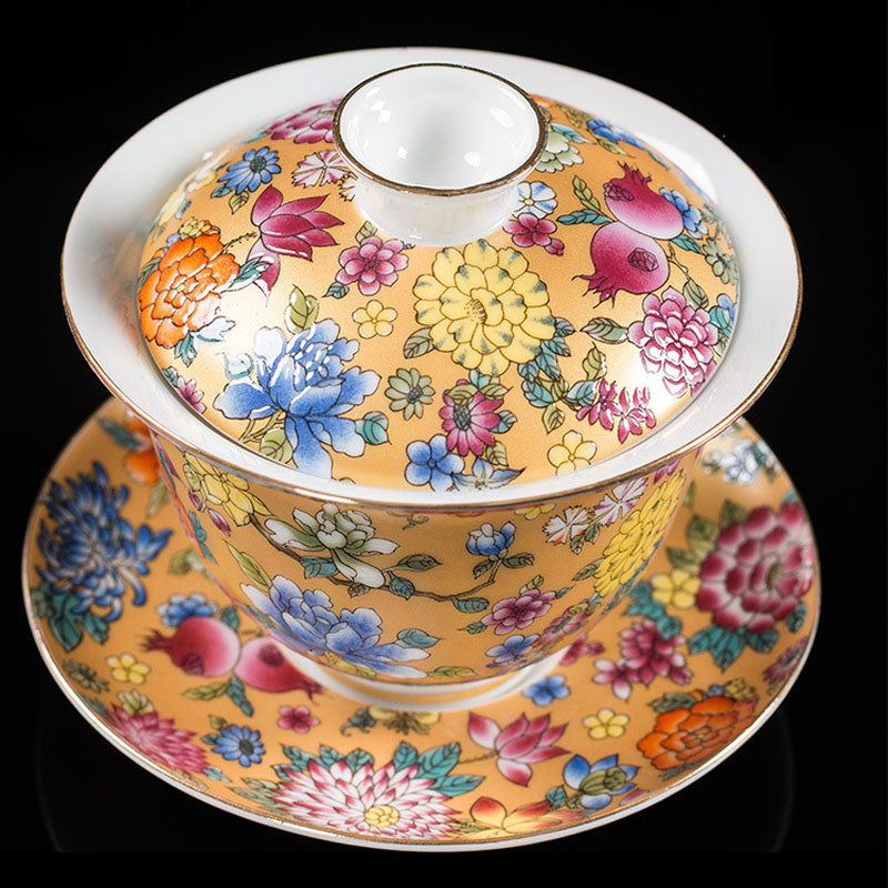 Peony Flowers Ceramic Gaiwan Sancai Teacup Kung Fu Tea Cup And Saucer With Lid