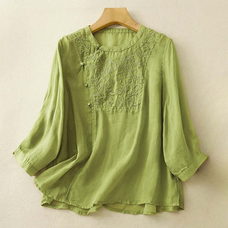 Plain Frog-Button Embroidery Vine Long Sleeve Slanted Collar Cotton Linen Women's Shirt