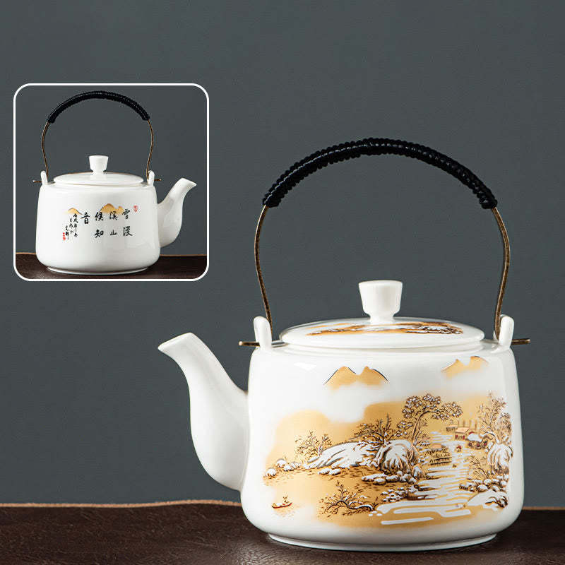 Vintage Dragon Mountain Fisherman Landscape White Porcelain Ceramic Kung Fu Teapot