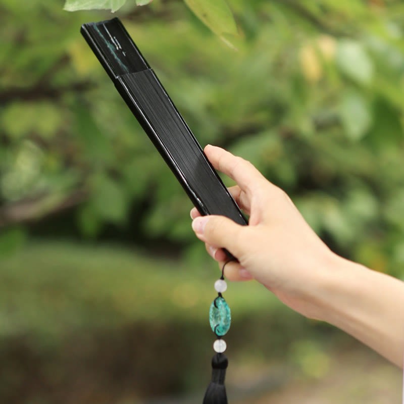 Retro Mountain River Crane Silk Handheld Bamboo Folding Fan