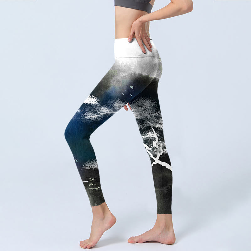 Ink Painting Pine Tree Print Gym Leggings Women's Yoga Pants