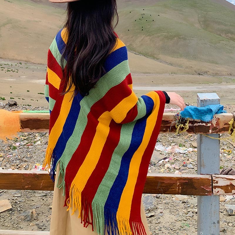 Tibetan Colorful Striped Design Shawl Tassels Pullover Winter Cozy Travel Scarf Wrap
