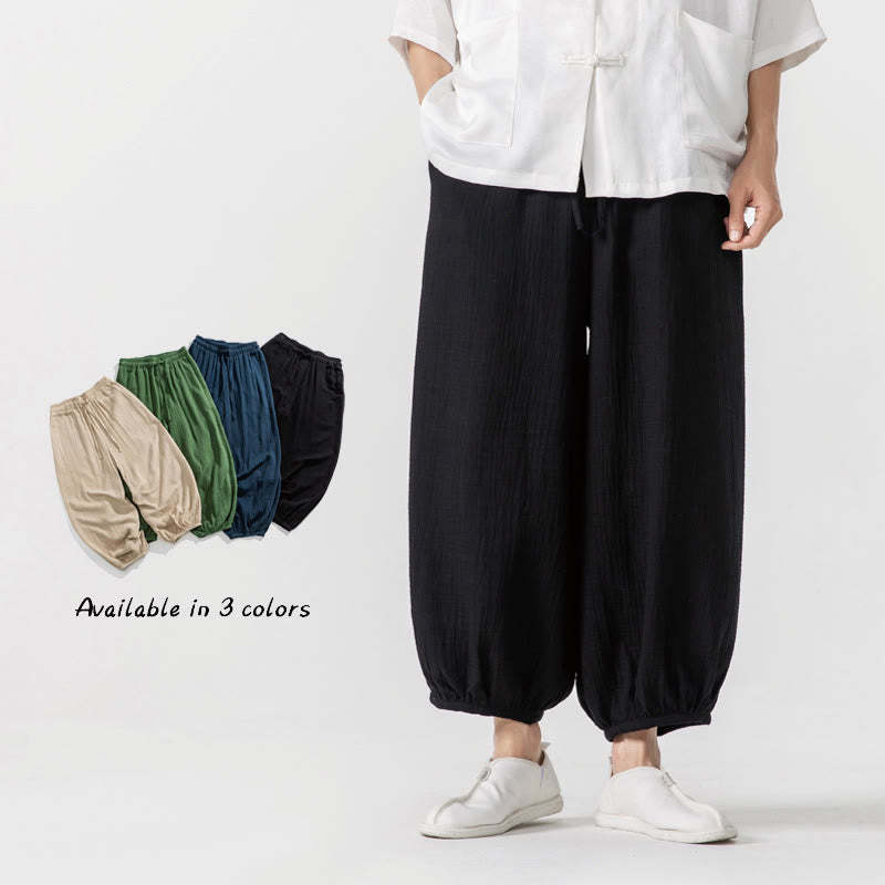 Soft Solid Color Drawstring Cotton Men's Pants With Pockets
