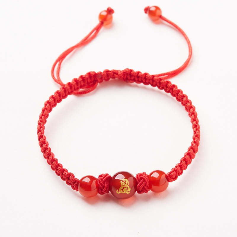 Natural Red Agate Chinese Zodiac Red String Braided Protection Luck Bracelet