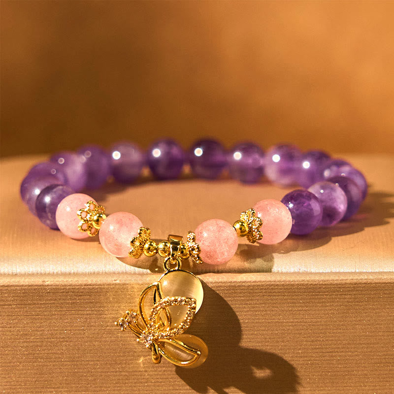 Natural Amethyst Strawberry Quartz Crystal Healing Butterfly Charm Bracelet