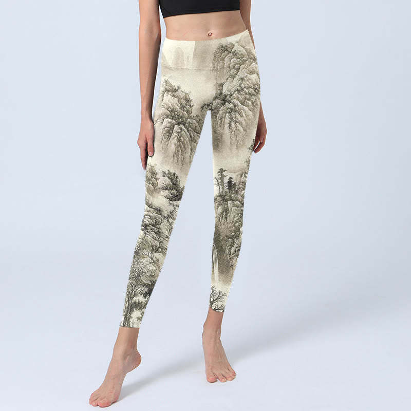 Mountain Tree River Scenery Print Sports Leggings Women's Yoga Pants