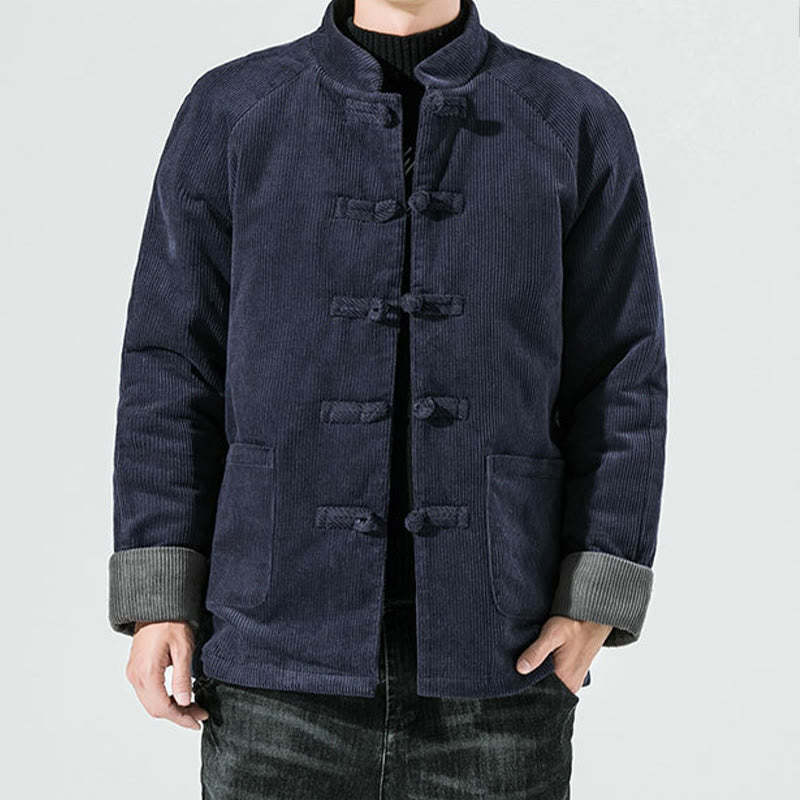 Frog-Button Chinese Tang Suit Stand Collar Long Shirt Corduroy Men Cotton Jacket Clothing