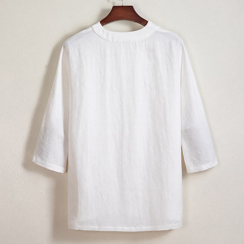 White Frog-button Linen Three Quarter Sleeve Men's Shirt