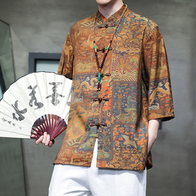 Landscape Chinese Dragon Pattern Chinese Three Quarter Sleeve Shirt Men T-shirt