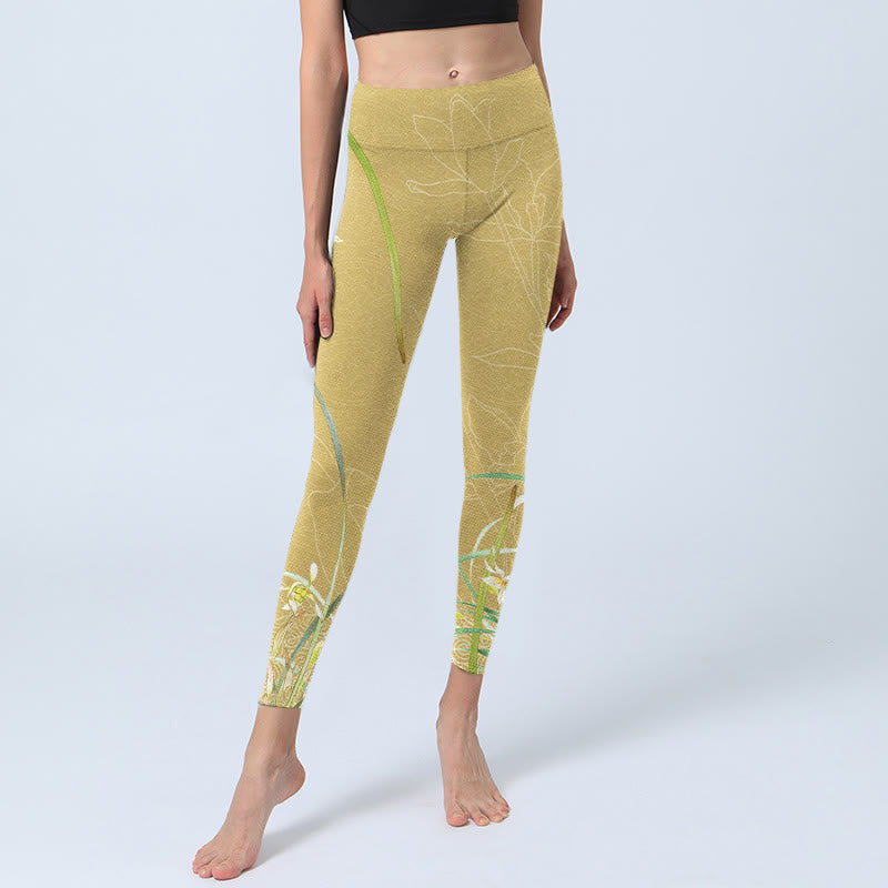 Yellow Orchid Flowers Weeping Leaves Print Gym Leggings Women's Yoga Pants