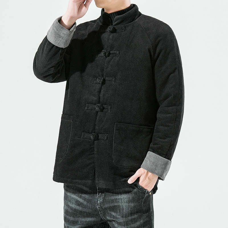 Frog-Button Chinese Tang Suit Stand Collar Long Shirt Corduroy Men Cotton Jacket Clothing