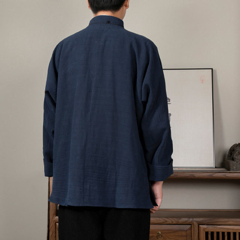 Solid Color Frog-button Tang Suit Cotton Linen Men's Jacket Shirt With Pockets