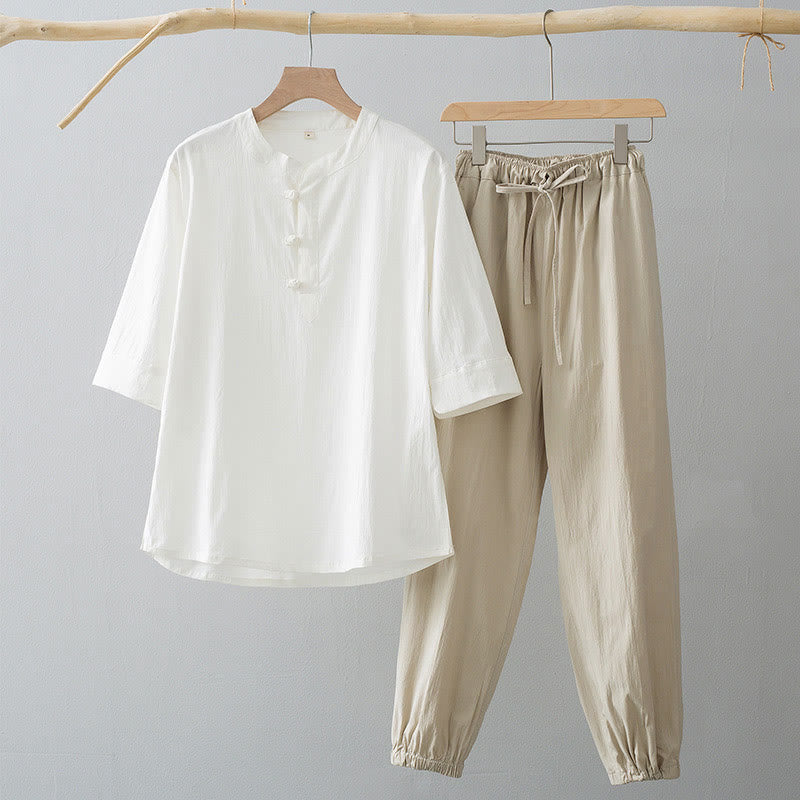 Frog-Button Three Quarter Sleeve Shirt Pants Men's Suit