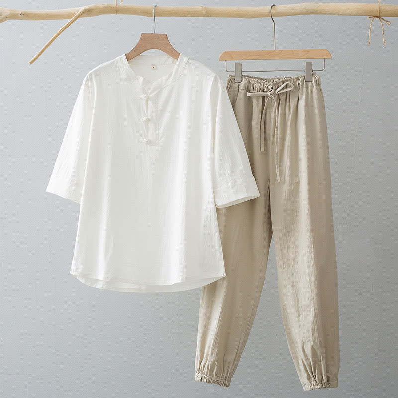 Frog-Button Three Quarter Sleeve Shirt Pants Men's Suit