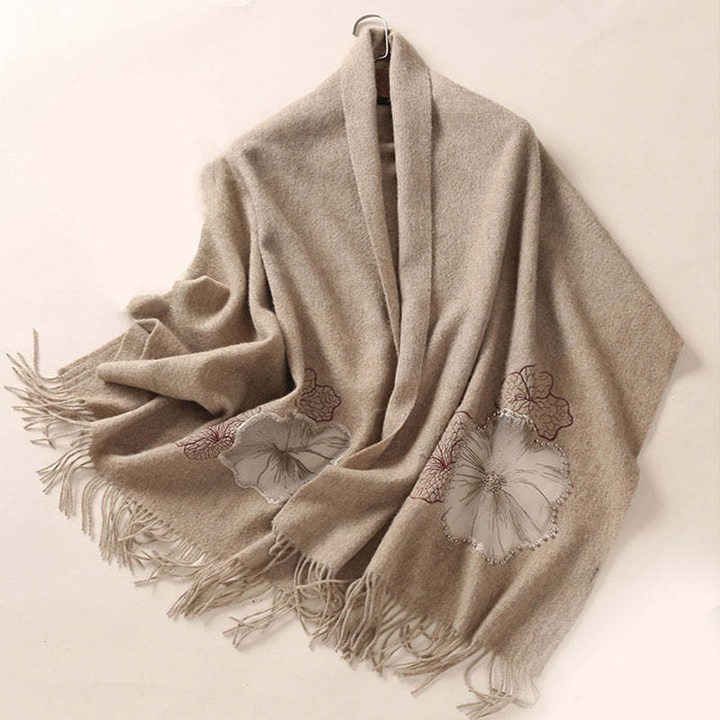 Wool Shawl Lotus Leaf Embroidery Tassel Winter Cozy Travel Scarf Wrap